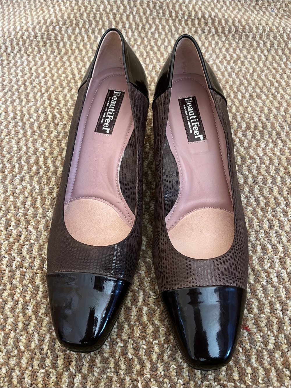 BeautiFeel Brown Pumps with Black Patent Cap Toe